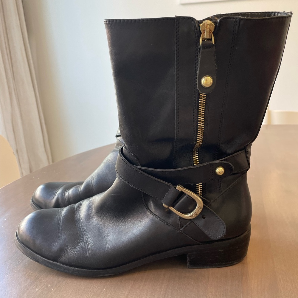 Marc Fisher Black Leather Moto Boots with Gold Brass Hardware | Size 10